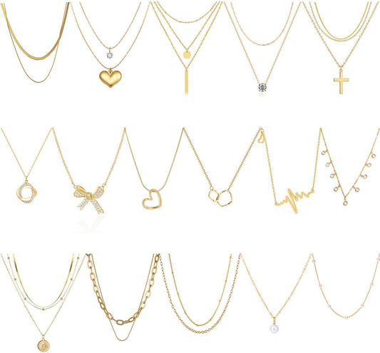 Myofeng 16 Pcs 14K Gold Plated Choker Stack Layering Necklaces Set for Women Trendy Dainty Pendant Heart