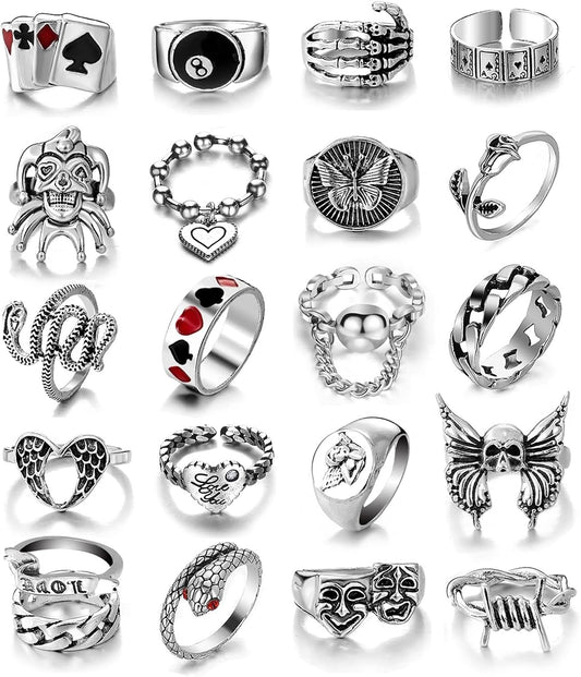 17IF Vintage Silver Knuckle Ring Set for Women Men Gothic Grunge Chunky Aesthetic Snake Stackable Adjustable Punk Bulky Finger Alt Fairy Skull Frog Heart Star Flower Midi Ring Pack