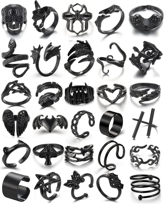 ÌF ME Black Gothic Vintage Rings Set 20-30 Pcs Cool Punk Jewelry with Snake, Butterfly, and Star Stacking Rings, Gift for Men, Women, Boys