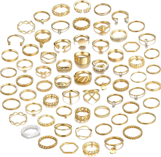 YEEZII 68 Pcs Gold Stackable Knuckle Rings Set for Women Boho Joint Finger Midi Crystal Stacking Ring Pack