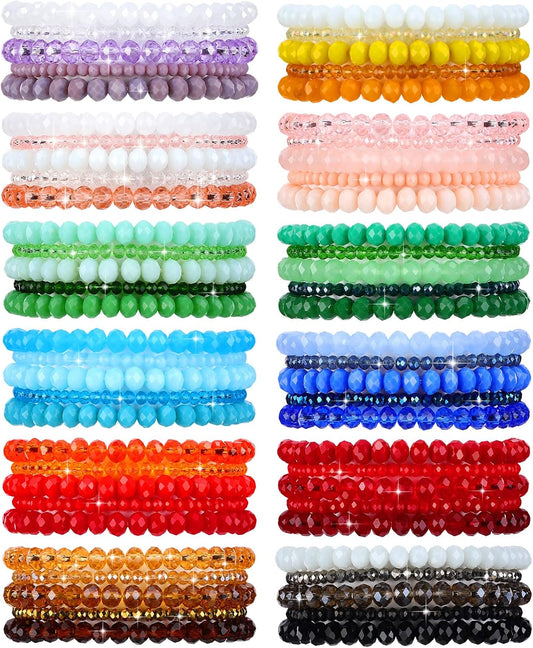 Junkin 60 Pcs Crystal Beaded Bracelets Bulk for Women Bohemian Multi Layer Stacking Statement Stretchy Strand Slip-On