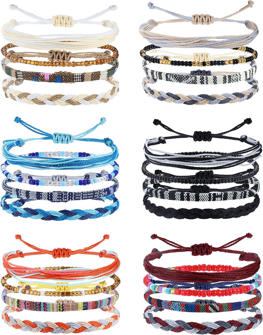 Florideco 24 Pcs Boho Surfer Adjustable Beaded Anklet Bracelet Handmade Braided Colorful Summer String Rope Waterproof Beach Jewelry for Women Men